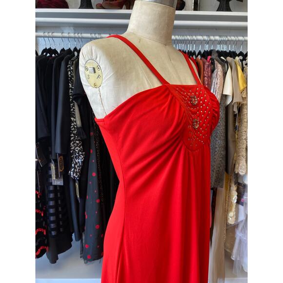 vintage 1970s red maxi dress with rhinestones and chiffon cape, s/m, mod holiday - Picture 5 of 10